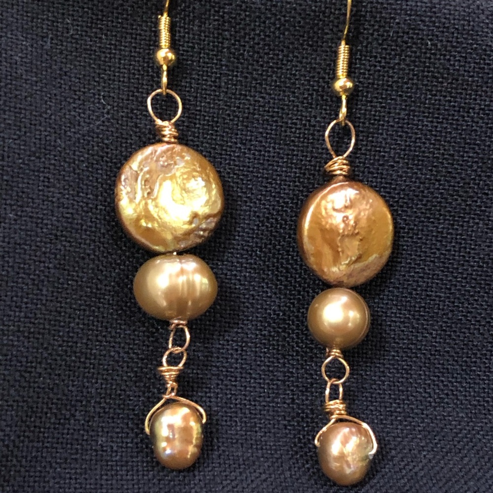Handmade Freshwater Copper Wire Wrapped Pearl Drop Dangle Earrings - Gold/Copper